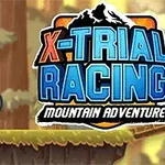 A motorcyclist in a helmet performs stunts on a dirt bike over a rugged, mountainous terrain with cartoonish graphics, featuring the game title X-TRIAL RACING: Mountain Adventure prominently displayed