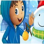 A cheerful child wearing a blue hoodie smiles and waves next to a friendly snowman dressed with a red hat and green scarf, set in a snowy winter landscape with a pine tree in the background