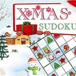 A festive Christmas-themed Sudoku game featuring a snowy landscape, a cozy cabin, a snowman, and decorated squares with holiday icons like gifts, ornaments, and stars