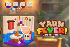 A colorful mobile puzzle interface showing a knitted diorama with a basket and yarn pieces, a pointing hand cursor, and the text YARN FUNVER!