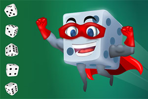 A cartoon superhero dice character with a smiling face and red cape is joyfully flying against a green background, accompanied by smaller dice illustrations on the left