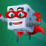 A cartoon superhero dice character with a smiling face and red cape is joyfully flying against a green background, accompanied by smaller dice illustrations on the left