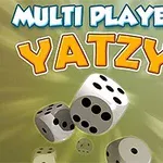 The image features the title Multi Player Yatzy in bold, colorful letters, with three white dice showing various numbers, set against a soft gradient background