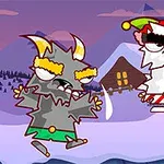 A cartoonish scene featuring two playful, whimsical characters: a grey monster in green shorts and a white monster in a festive hat, set against a snowy landscape with a cozy cabin in the background