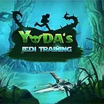 The image features a cartoonish jungle setting with a shadowy figure training, an X-wing starfighter in the foreground, and the title Yodas Jedi Training prominently displayed in a vibrant green font