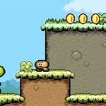 A colorful retro video game scene featuring a green dinosaur, Yoshi, standing on a grassy platform with a small brown creature and three floating coins above