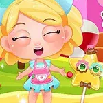 A cheerful cartoon girl with blonde hair and bows, surrounded by colorful candy, holding lollipops shaped like a horse and a star, set in a vibrant candyland theme