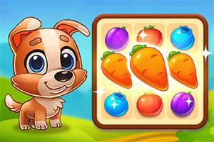 A cute cartoon puppy stands next to a colorful grid of fruits and vegetables, featuring orange carrots, blue berries, pink tomatoes, and purple fruits, set against a bright green landscape
