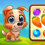 A cute cartoon puppy stands next to a colorful grid of fruits and vegetables, featuring orange carrots, blue berries, pink tomatoes, and purple fruits, set against a bright green landscape