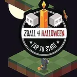 The image features a Halloween-themed game interface for ZBall 4, showcasing a colorful candle, game elements like blocks and characters, with a dark background and a prominent Tap to Start button