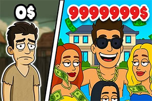 Cartoon split-screen showing a sad poor man with 0$ beside a rich man wearing sunglasses surrounded by money and women under 99999999$