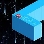 An isometric view of a red car driving on a blue, narrow pathway that bends sharply, set against a dark background filled with blue vertical lines resembling falling rain