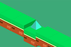 A geometric, isometric-style illustration featuring green grass-like blocks and a blue triangular shape on a brown base