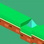 A geometric, isometric-style illustration featuring green grass-like blocks and a blue triangular shape on a brown base