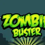 The image features the bold, neon green text ZOMBIE BUSTER, set against a dark background with city silhouettes and radiating light effects, suggesting a playful theme related to combating zombies