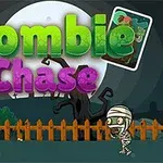 The image features a colorful title graphic for the game Zombie Chase, set against a dark night background with a full moon, showcasing playful zombie characters and a curious player figure