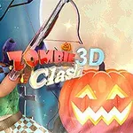 A colorful 3D graphic featuring a character in a checker-patterned outfit wielding a weapon, with a glowing jack-o-lantern and the title Zombie 3D Clash in a spooky Halloween setting