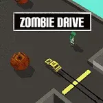 A top-down view of a video game titled Zombie Drive, featuring a yellow car navigating through a maze-like environment with zombies and obstacles like a pumpkin