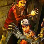 An animated scene depicting two characters, a young boy and a man, bracing against a door while a zombie reaches toward them, creating a tense and suspenseful atmosphere