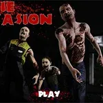 A graphic illustration titled Zombie Invasion, featuring grotesque, undead characters, including an adult and a child, against a dark background with blood splatters and a prominent Play button