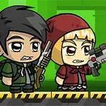 A cartoon-style image featuring two characters: a boy with black hair holding a gun and a girl in a red hood firing a futuristic weapon, set against a bright green background