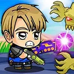 A cartoon-style character with a gun faces a menacing, large monster in a colorful landscape, depicting an action scene from a video game