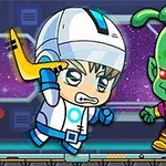 A cartoon-style illustration featuring a humanoid character in a spacesuit confronting a green alien with red eyes, set against a colorful, outer-space background, with the number 7 in the corner