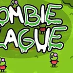 The image features a cartoon-style game title Zombie Plague displayed prominently against a green, grassy background populated by small zombie characters wearing red outfits