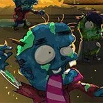 A colorful cartoon scene featuring quirky, blue-skinned zombies with exaggerated facial expressions, wearing tattered clothes, and surrounded by vibrant, messy backgrounds