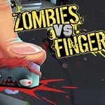 A large cartoon finger is depicted squashing a cartoon zombie, surrounded by splatters of blood, with the text Zombies vs Finger in a playful, bold font