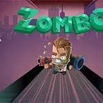 A vibrant, cartoonish game screen featuring a character holding a gun, with the bold title ZOMBO above and claw-like graphics on the sides, set against a stylized cityscape background