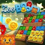 A colorful game screen featuring a smiling woman in a hat next to a vibrant grid of animal-themed tiles, with the title Zoo Boom prominently displayed above