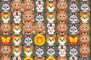 A colorful grid featuring cute cartoon animals, including bears, rabbits, and cats, along with coins and butterflies, designed for a matching game