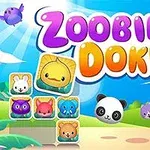 A colorful gaming logo for Zoobie Doku, featuring cute animal icons like a panda, bunny, and bear, set against a bright, whimsical landscape with clouds and trees