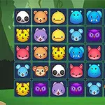 A colorful grid of cute animated animal icons including pandas, owls, and monkeys, arranged in a 6x6 layout set against a vibrant forest background