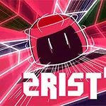 The image features a colorful, stylized graphic of a red character with a simplistic face, racing through a neon-lit, geometric landscape with the text 2RIST DX prominently displayed